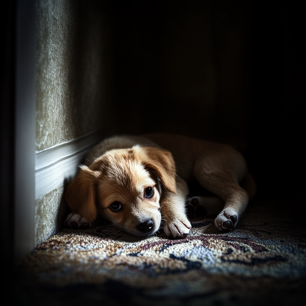 Frightened puppy with sad eyes in dimly lit room.