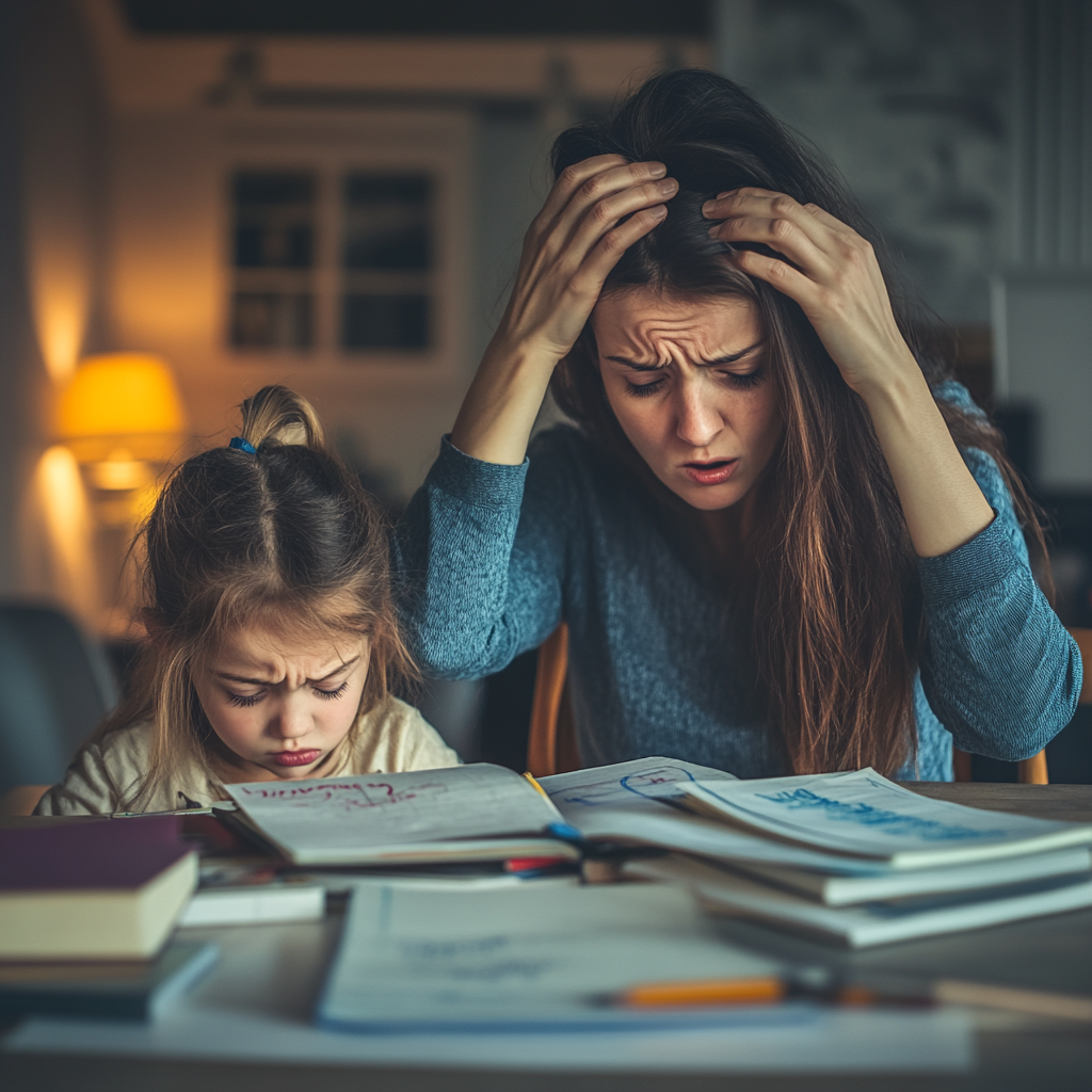 Frustrated Mother Helping Child with Homework Stressfully