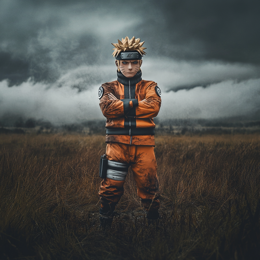 Full body Naruto standing arms folded field, dark fantasy, Sony A7R IV, 35mm wide-angle lens, realistic