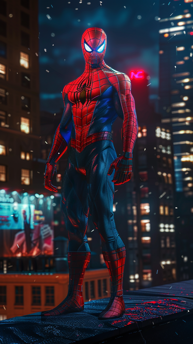 Full-body Spiderman standing heroically on New York rooftop at night.