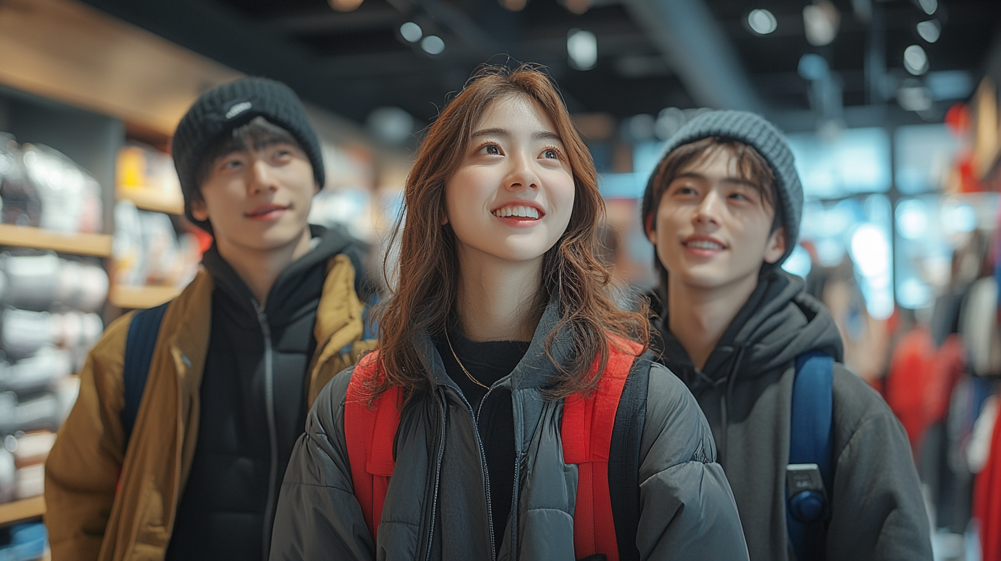 Full-body photo of 6 Chinese youth in Uniqlo.