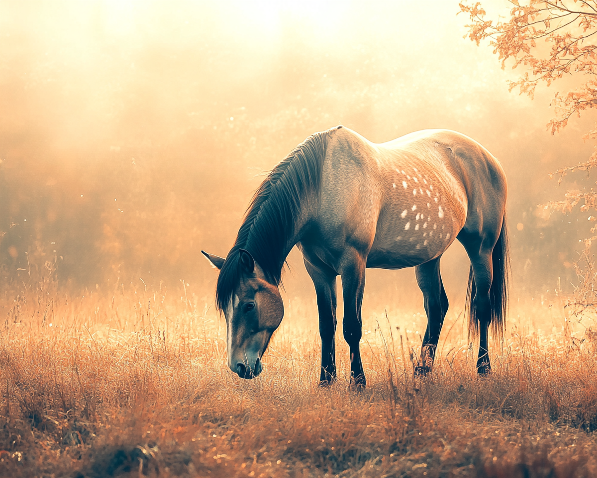 Full body portrait of beautiful horse grazing.