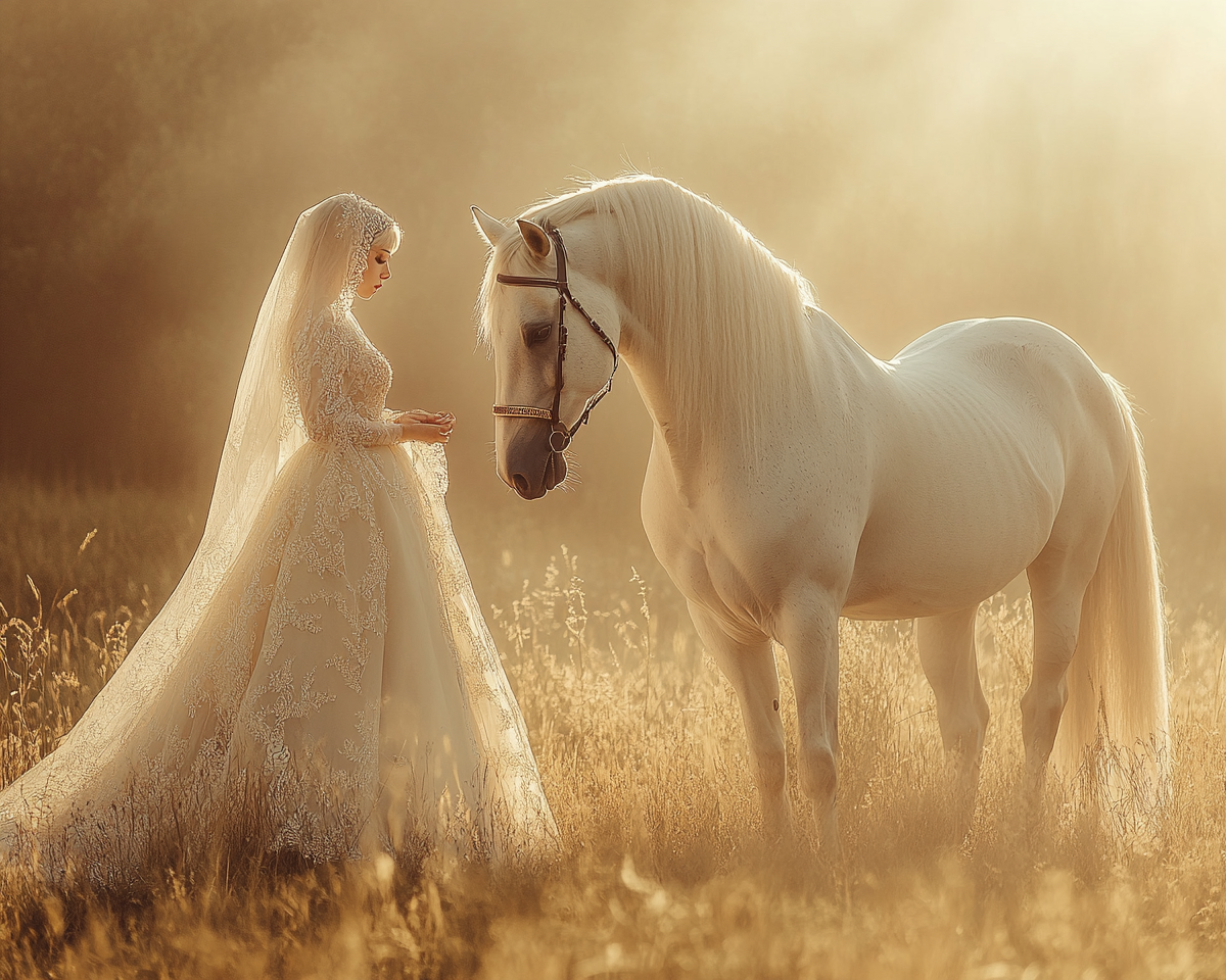 Full body portrait of white Arab horse and princess.