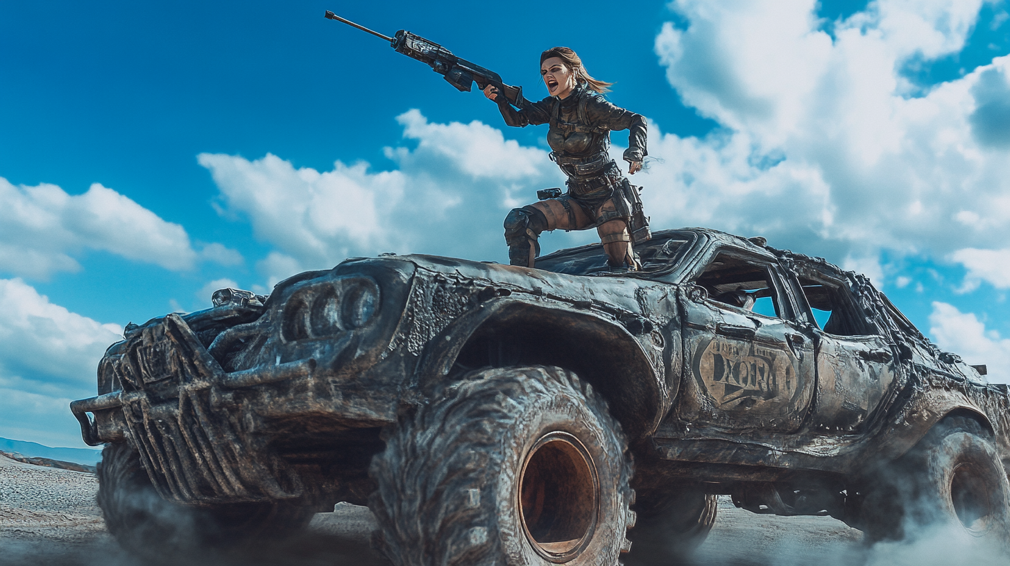 Furiosa in 20s with shotgun jumping from armored vehicle.