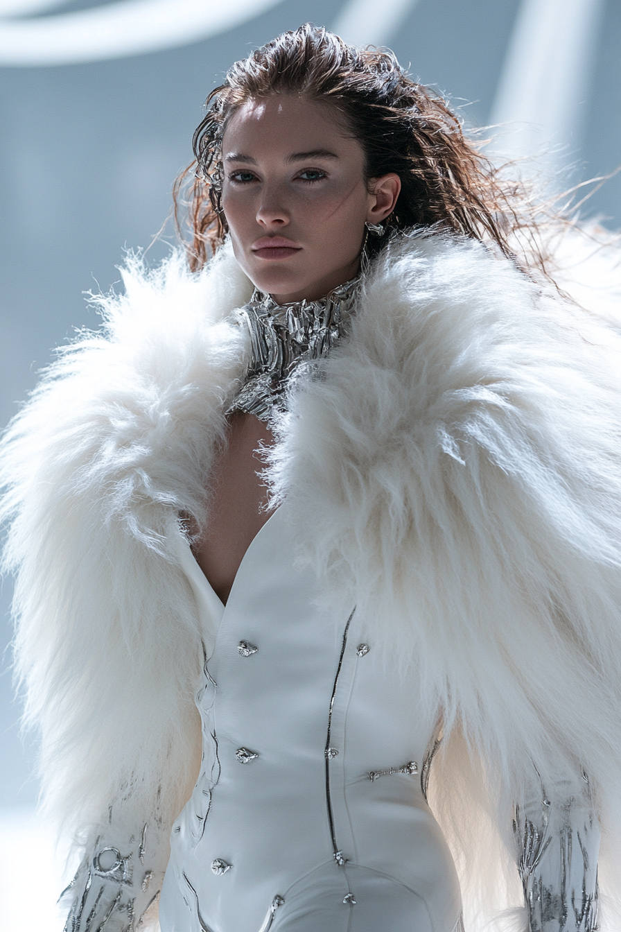 Futuristic Amazonian warrior model with white lion Mugler style.