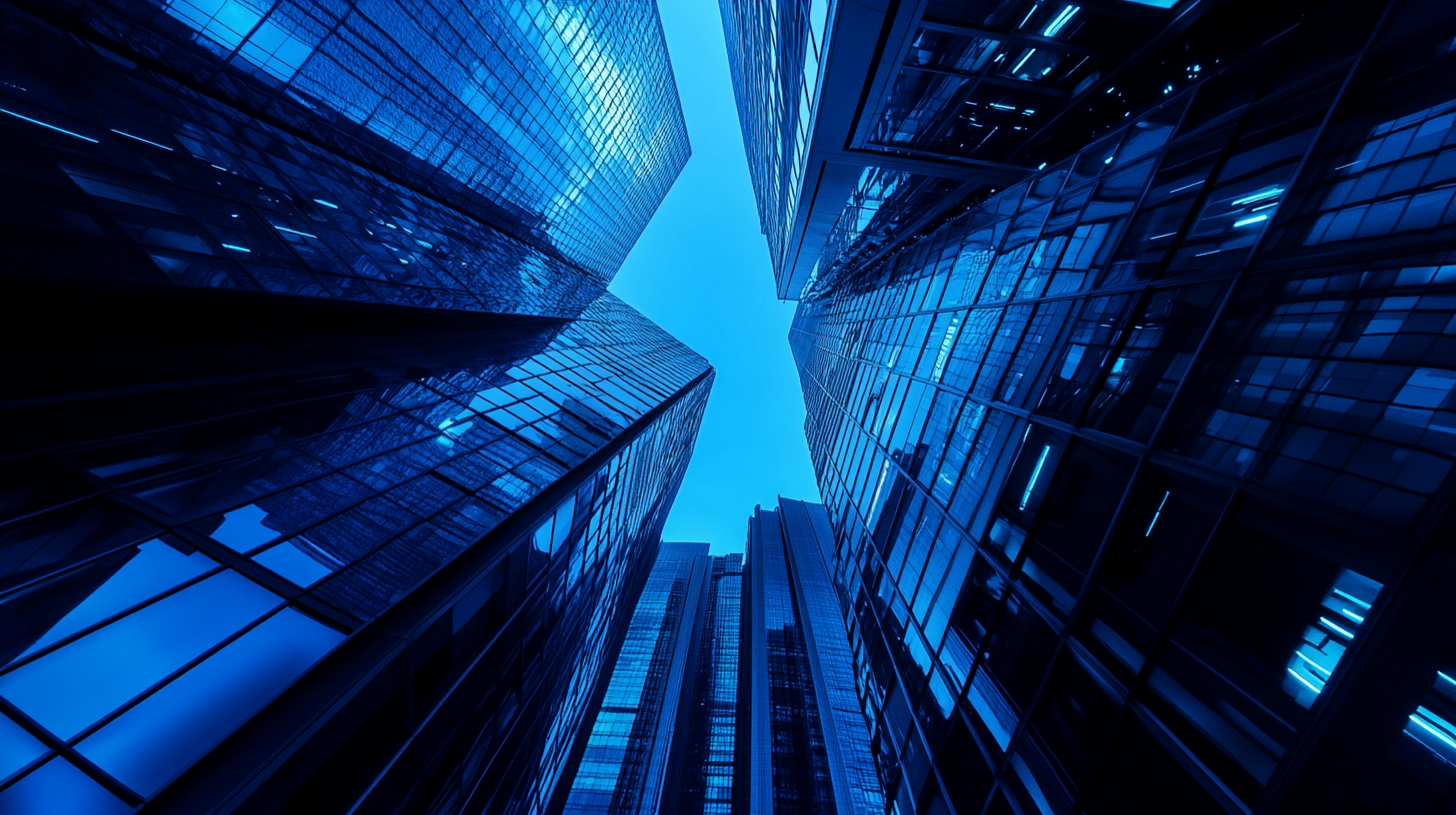 Futuristic city with neon lines, modern architecture, clear sky.