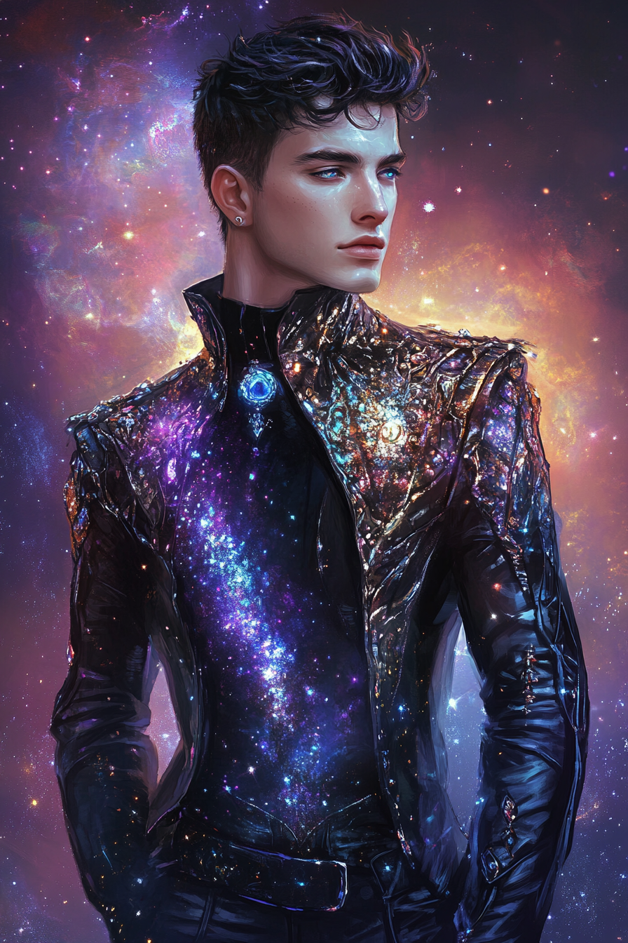 Futuristic crystal outfit on handsome androgynous young man.