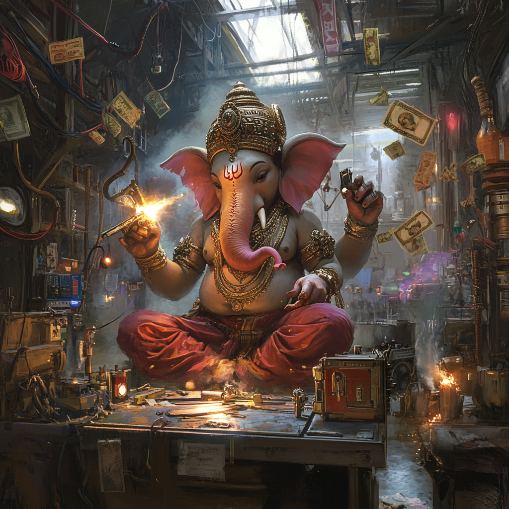 Ganesha: Welder of Wealth in Cyberpunk Workshop