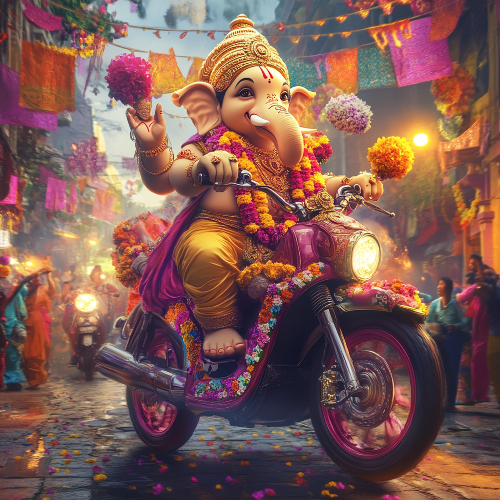 Ganpati Bappa rides bike with festive decorations happily.