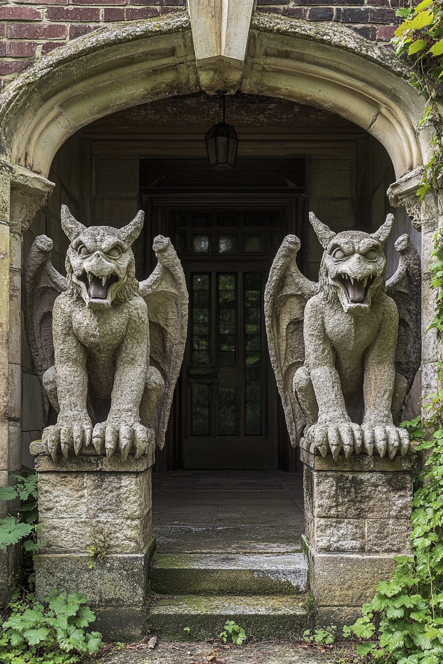 Gargoyle-adorned entryway evokes ancient, mystical Western Gothic aesthetic.