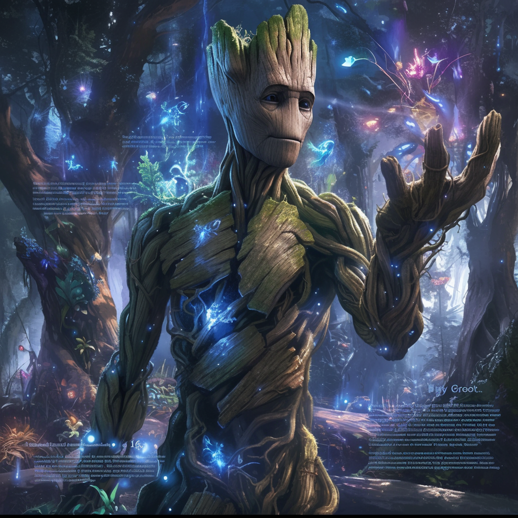 Gentle superhero Groot in enchanted forest, nurturing nature.