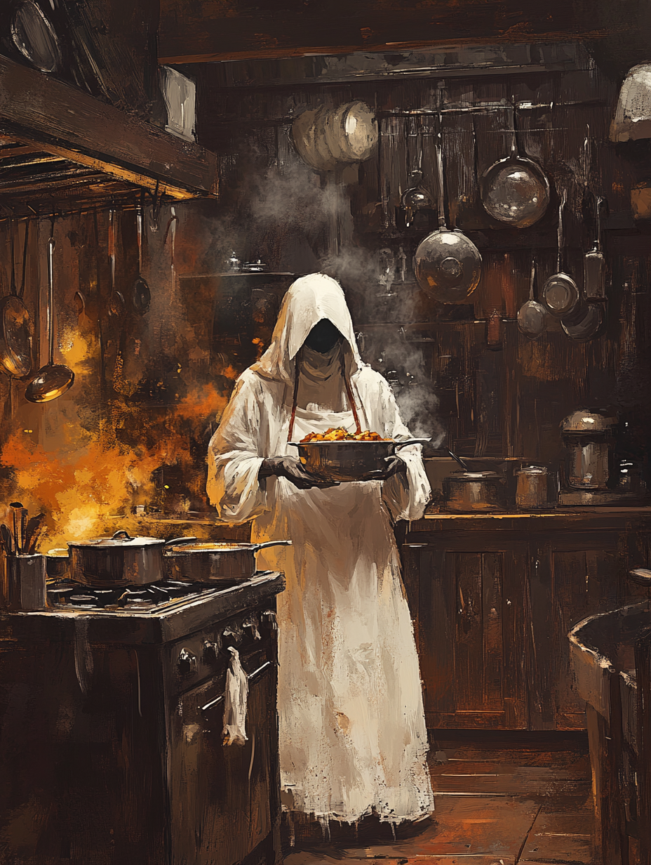 Ghost chef cooking in vintage kitchen with brushstrokes.