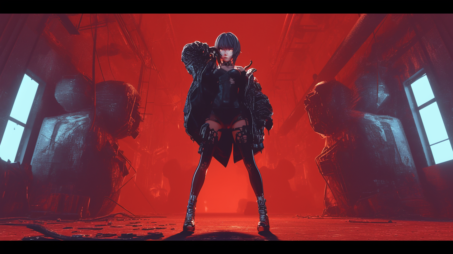 Ghost in the Shell inspired cyberpunk scene with cinematic lighting.