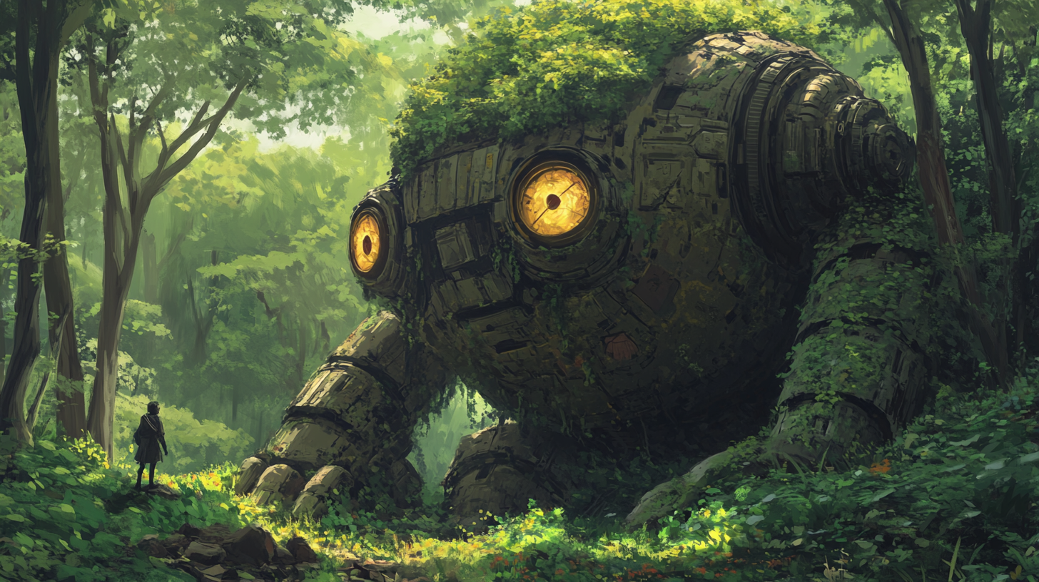 Giant robot in forest with illuminated eyes. Anime style.