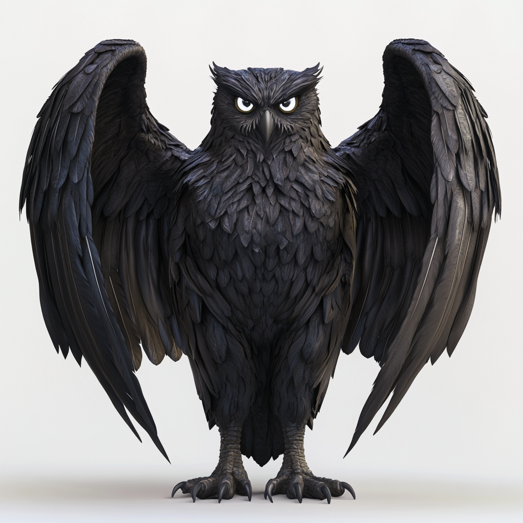 Giant winged creature with black feathery skin, glowing eyes.