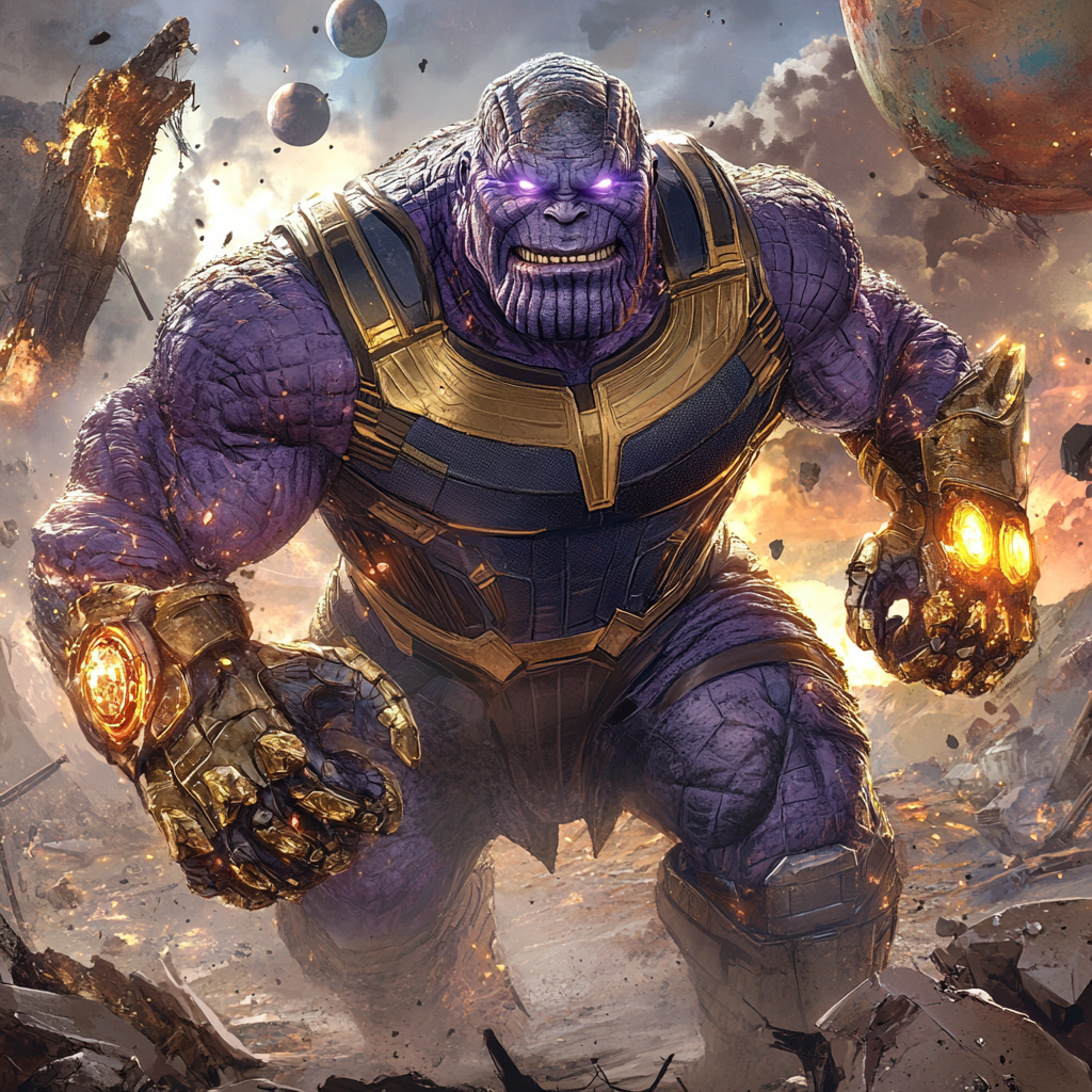 Gigantic fusion creature of Thanos and Godzilla with Infinity Gauntlet.