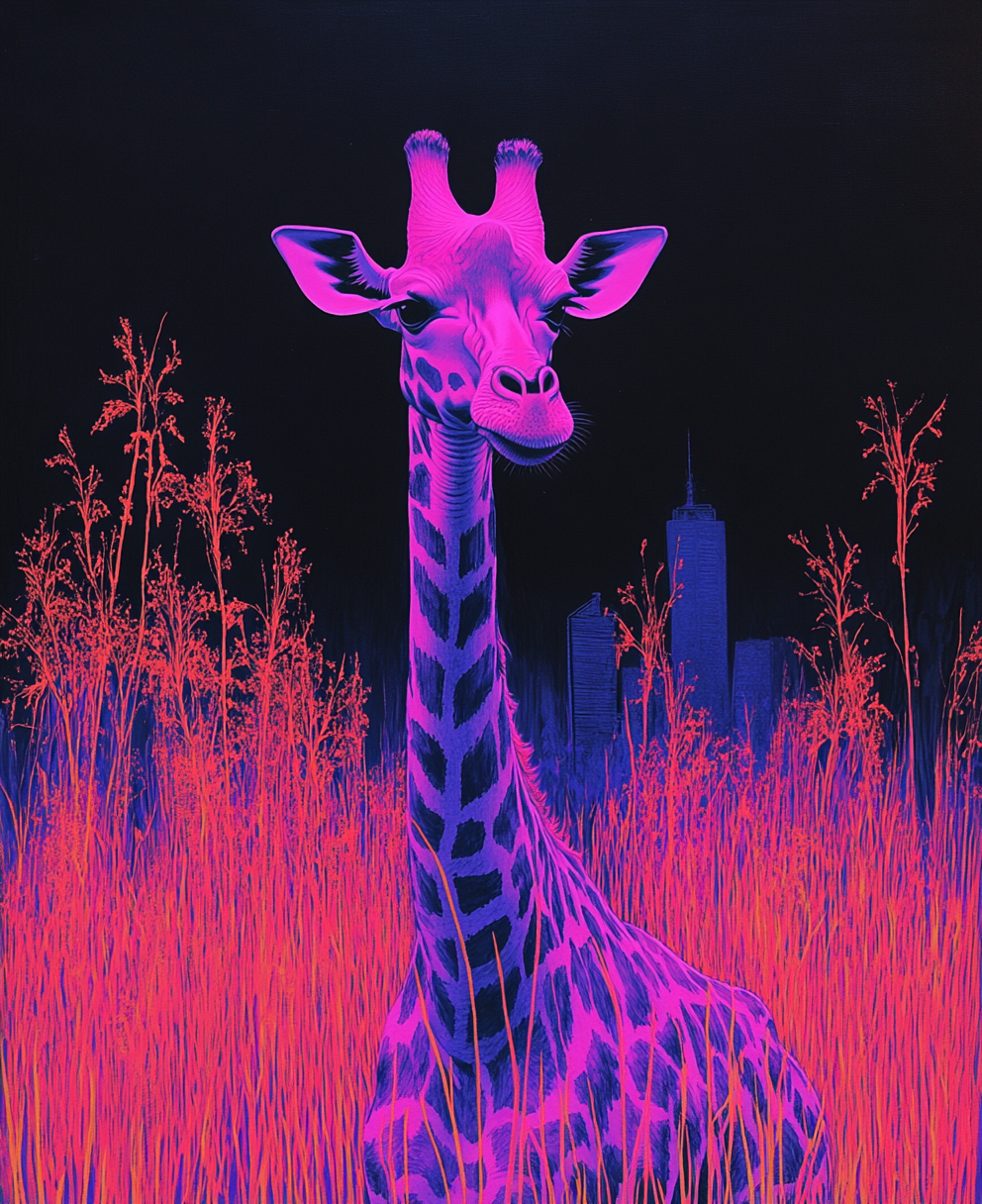 Giraffe in grass in NYC style surreal surroundings.