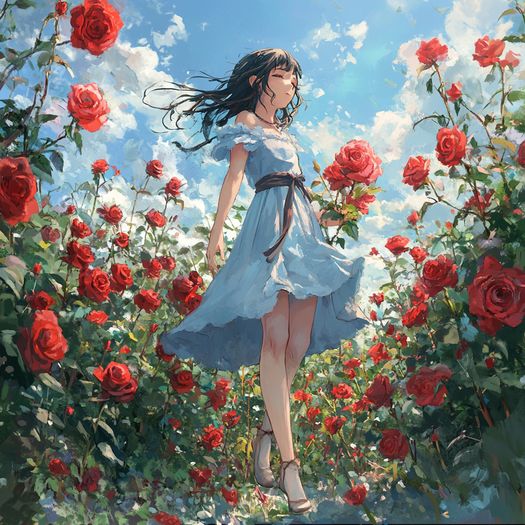 Girl in blue dress with red roses in garden.