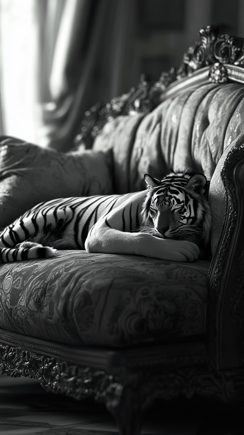 Girl napping on couch with tiger nearby in monochrome.