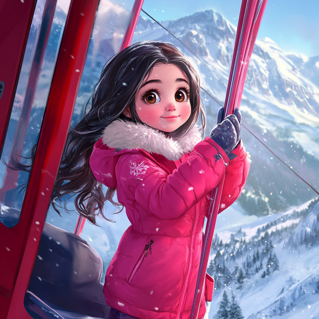 Girl with long dark hair in pink ski suit.