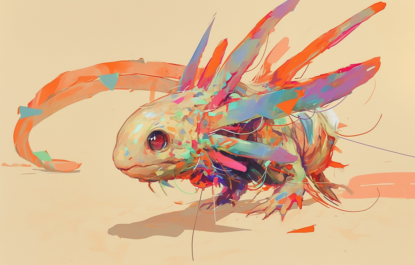 Glitched axolotl on canvas drawing, colorful lines, unique eyes.