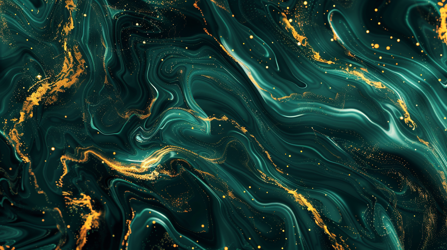 Gold and dark green background, flowing lines, coins.