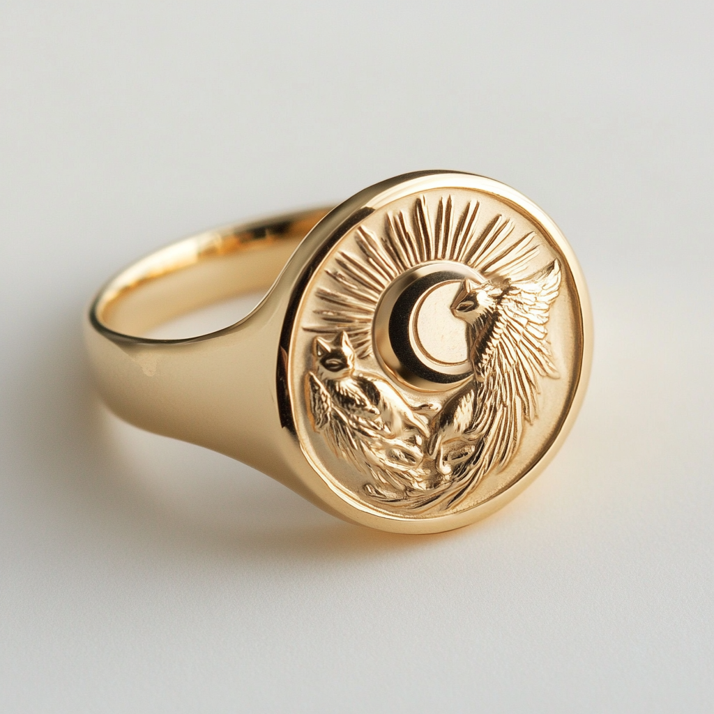 Golden signet ring with sun, moon, wing, cats cuddling.