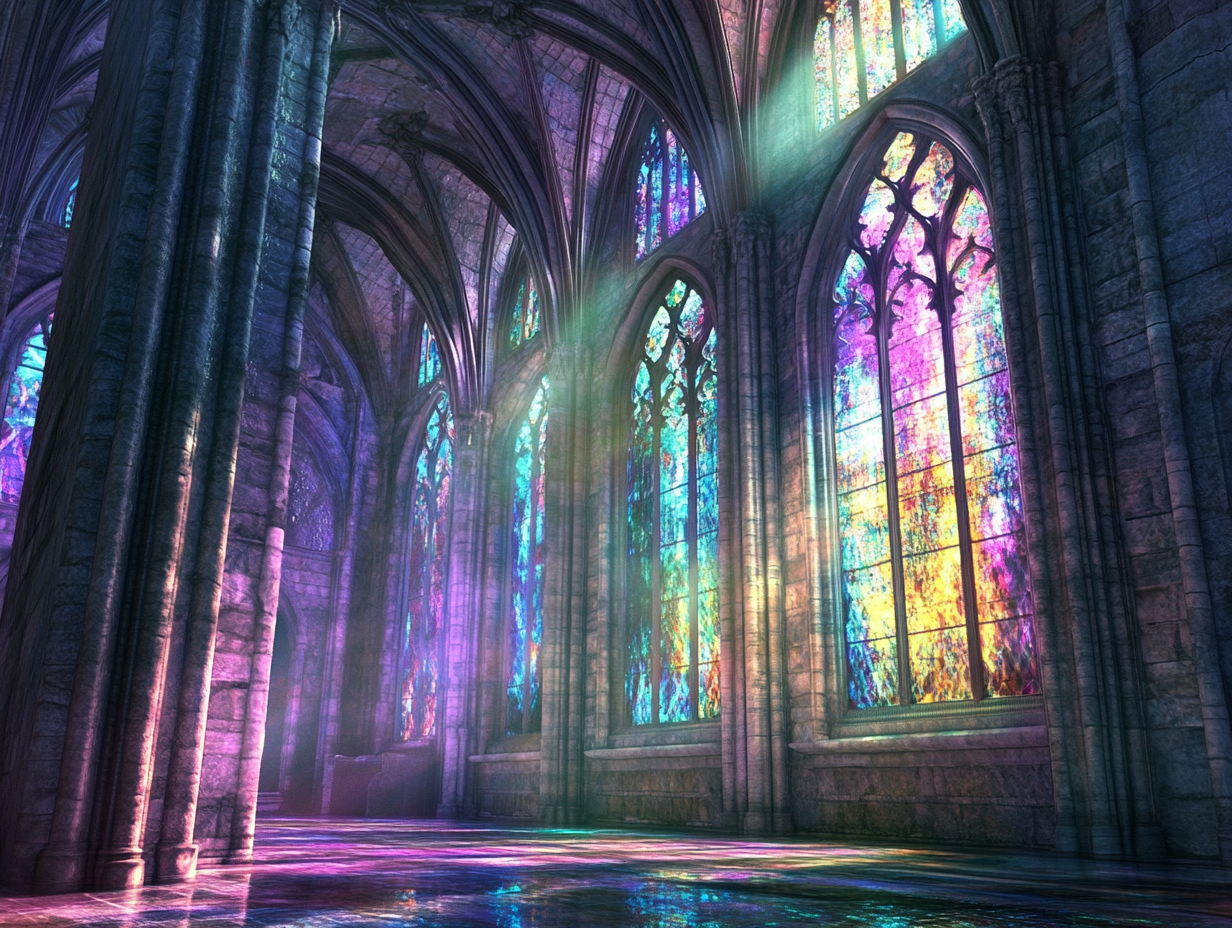 Gothic Cathedral Interior Design with Iridescent Colors 