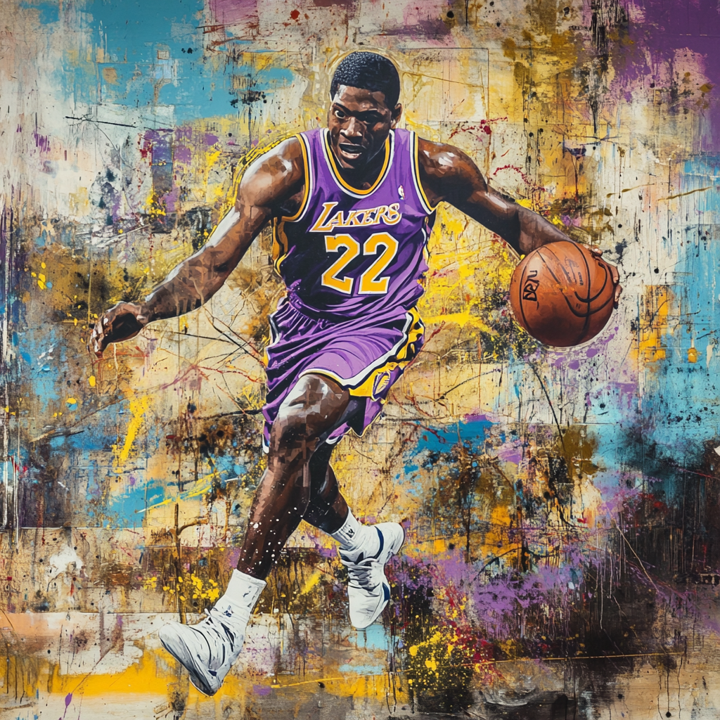 Graffiti mural of Magic Johnson, dynamic, colorful design.