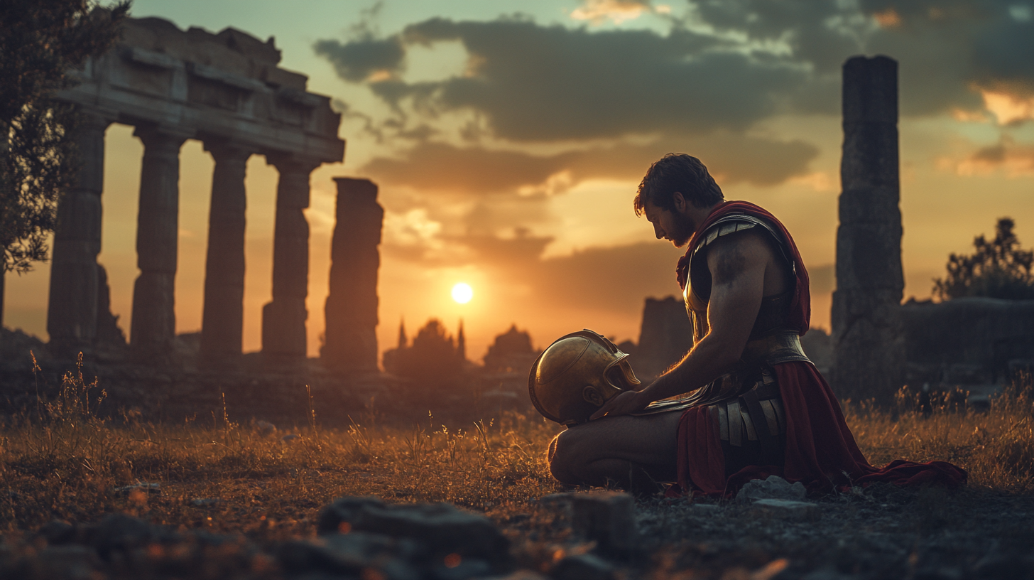 Greek warrior praying to gods with ancient ruins backdrop.