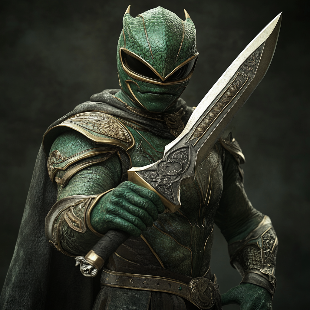 Green Power Ranger in medieval fantasy setting with dragon dagger.