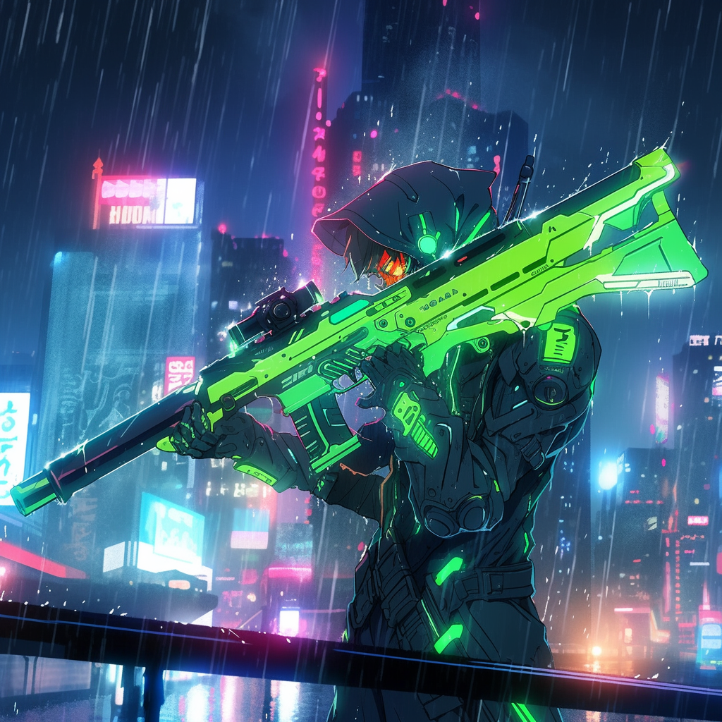 Green alien boy with laser blaster in cyberpunk anime.