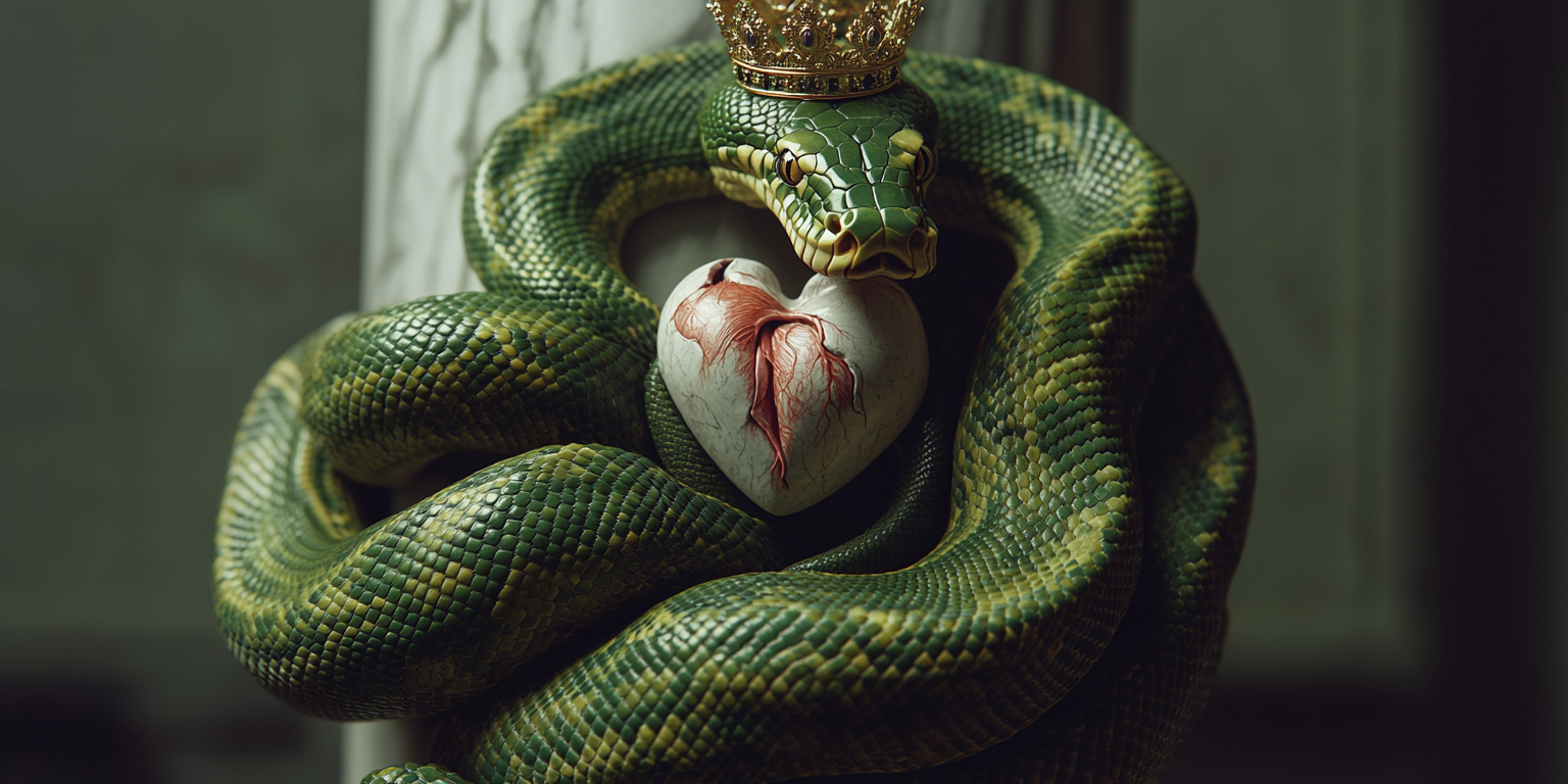 Green python with crown, wrapping around column with statue.