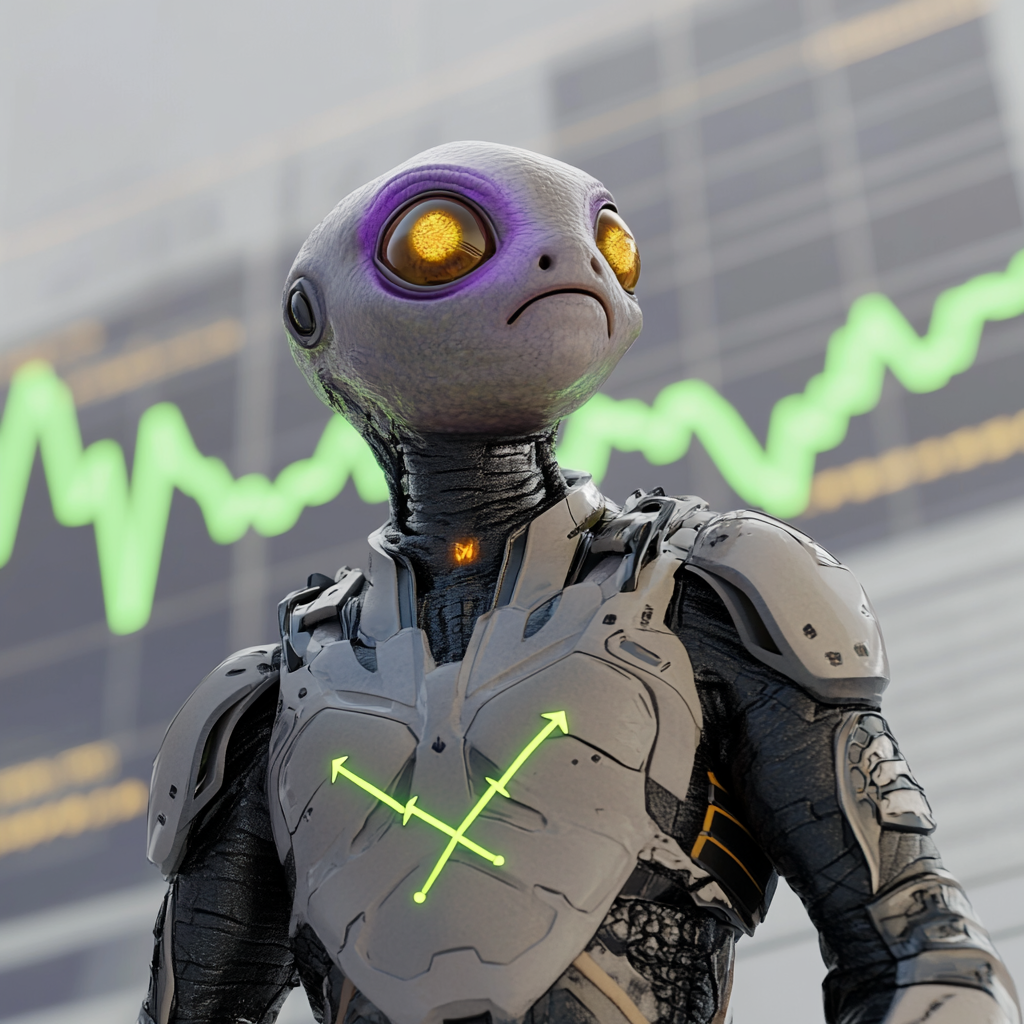 Grey alien in armor amazed by rising stock chart.