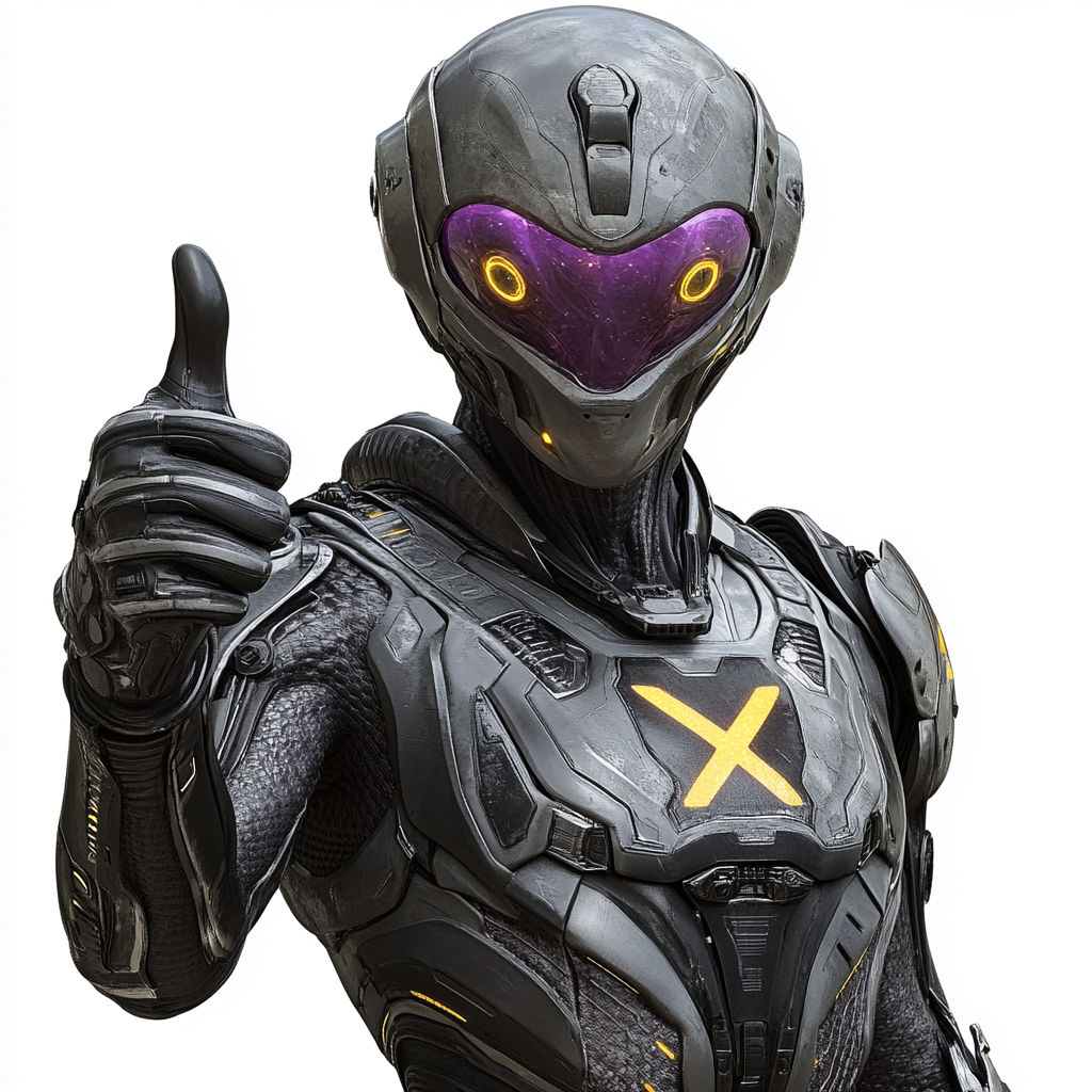 Grey alien in armor with X symbol, giving thumbs-up.