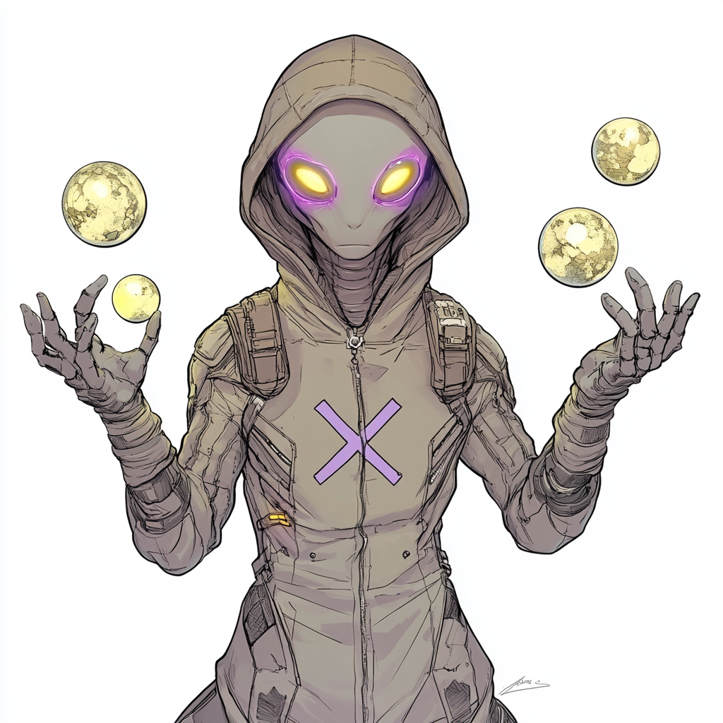 Grey alien in armor with X symbol, levitating spheres.