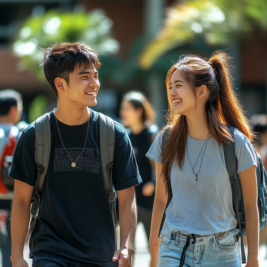 Group of Asian college students walking, talking, laughing outdoors.