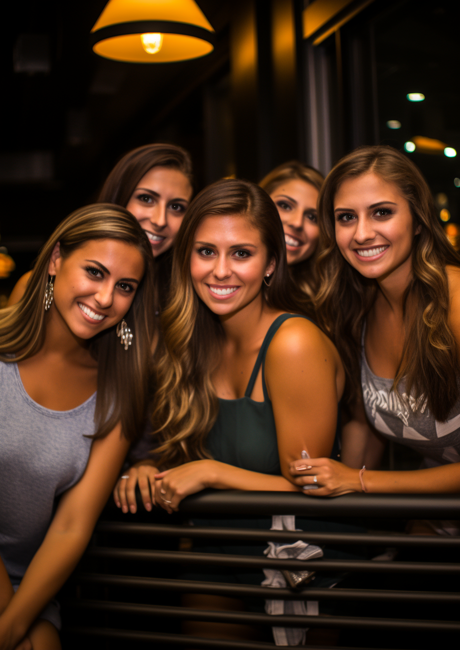 Group of six wealthy AEPHI influencers preparing for nightclub.