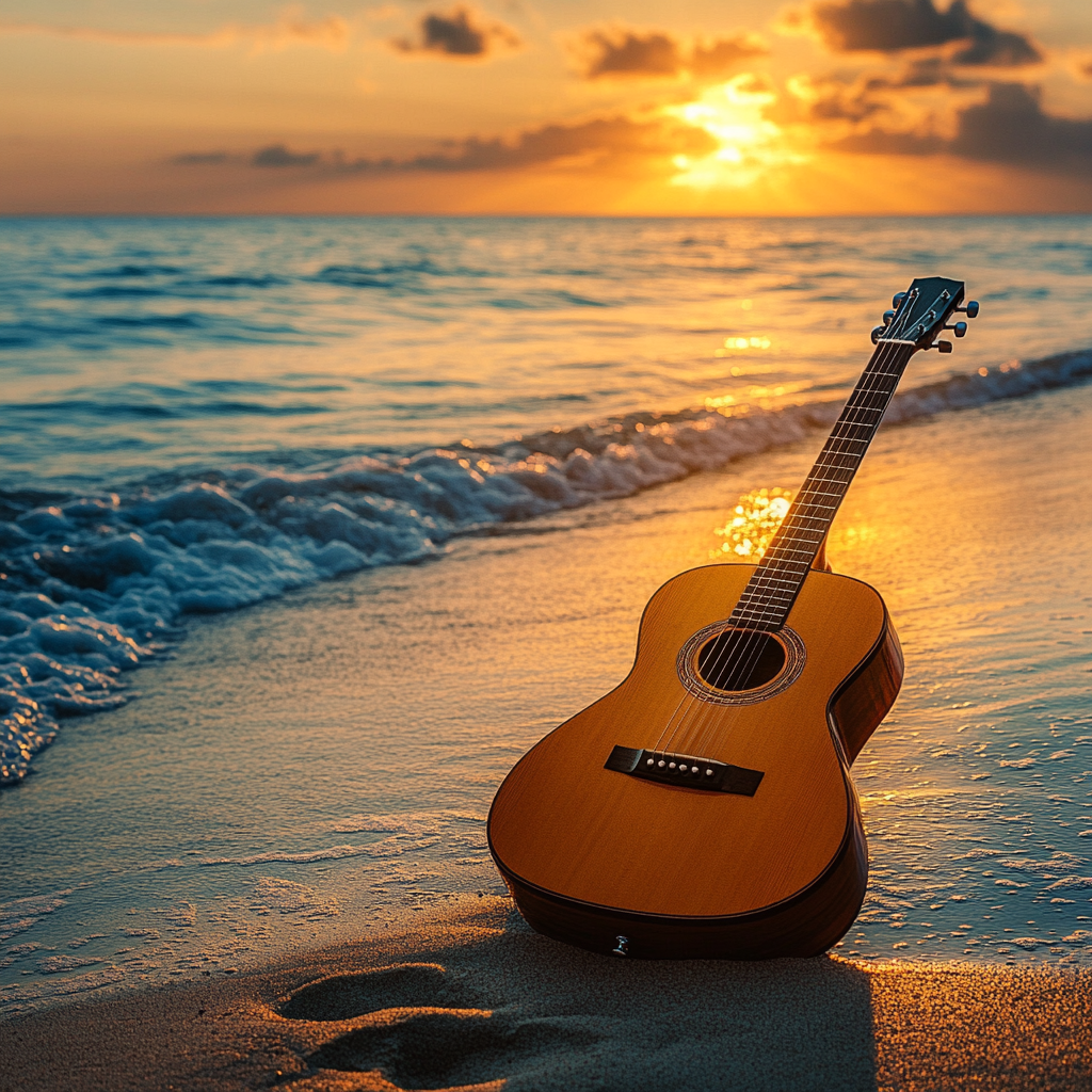 Guitar on sandy beach with ocean and sunset backdrop.