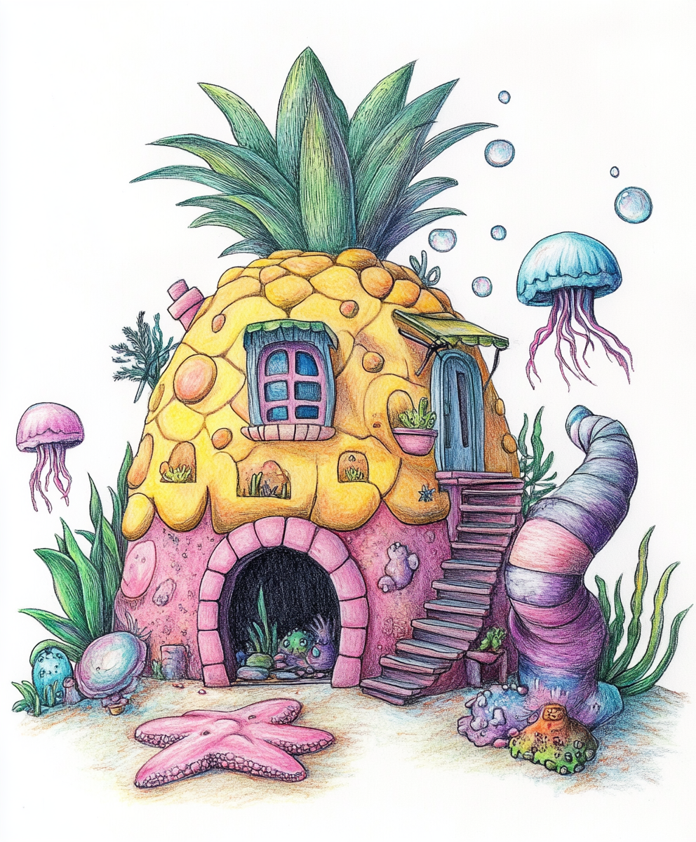 Hand-drawn Spongebob pineapple house with colorful characters.