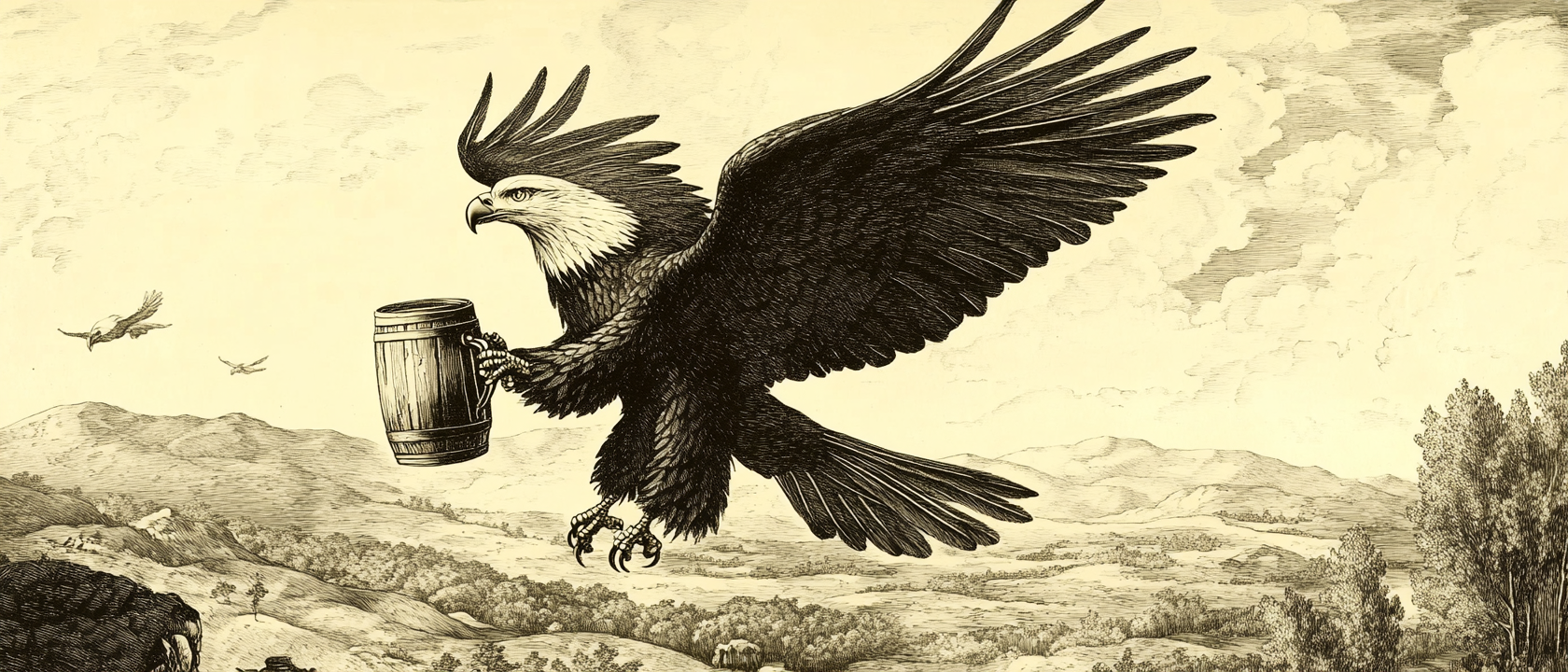 Hand drawn engraving of bald eagle holding stein.