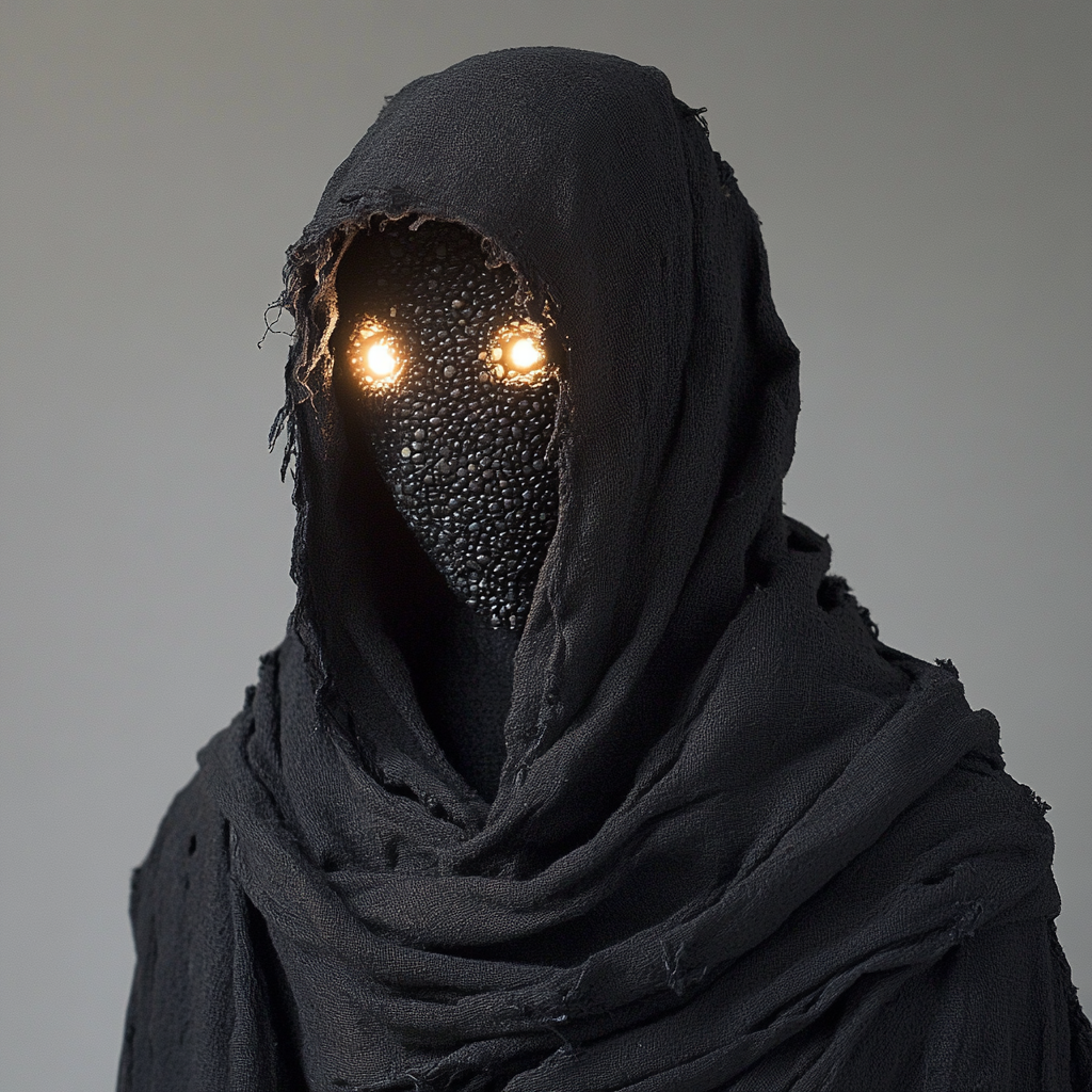 Handmade hooded figure puppet with glowing pebble eyes.