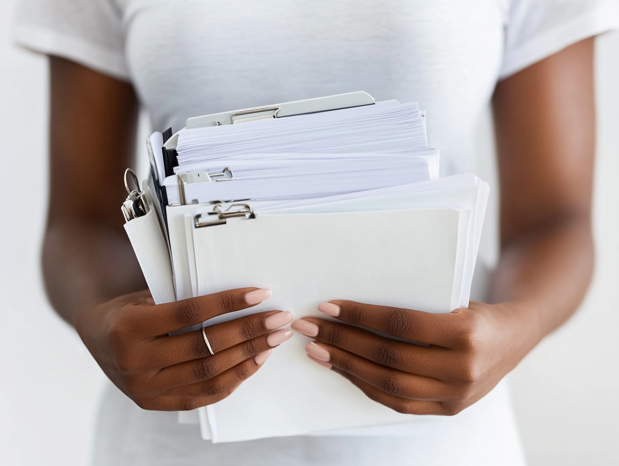 Hands of elegant African American woman with stationery items.