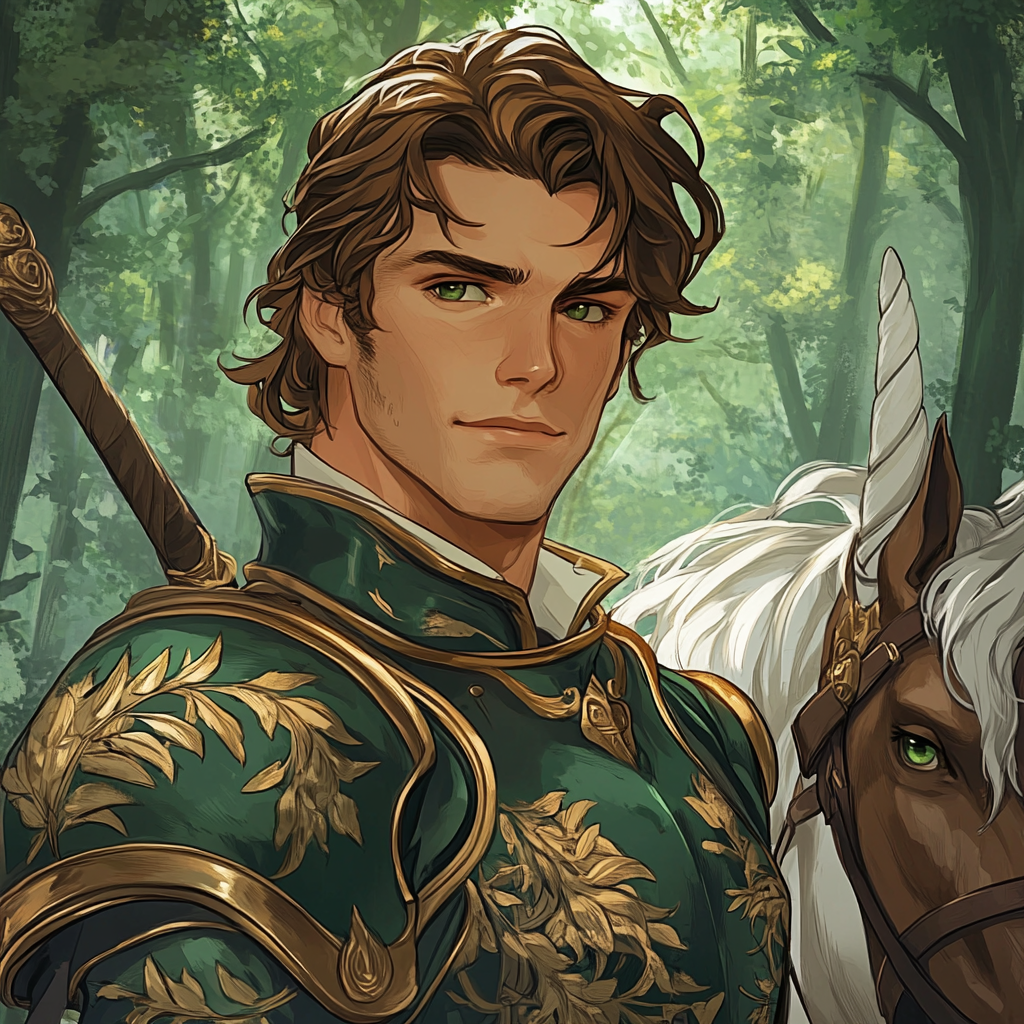 Handsome knight with brown hair, green eyes, riding unicorn.