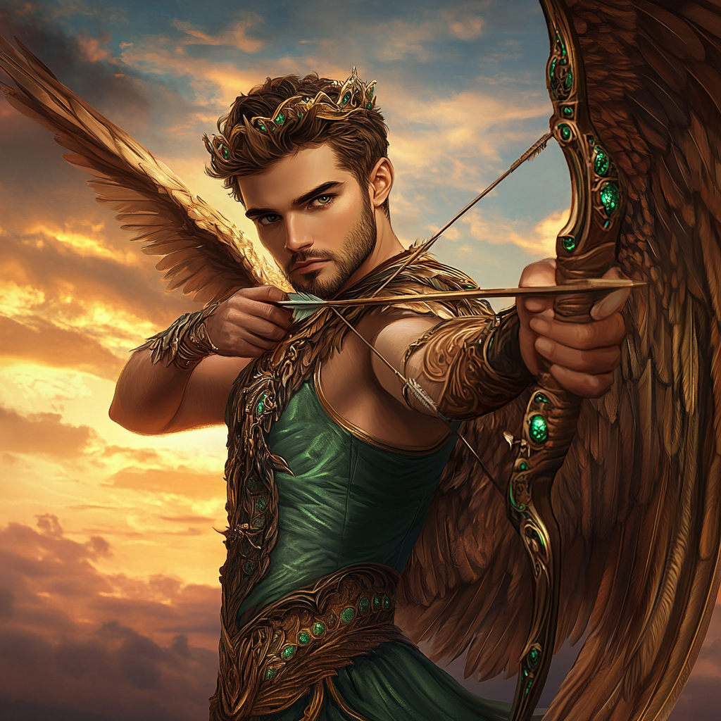 Handsome male Angel with short dark brown hair and hazel eyes, wearing fantasy green and brown clothes flying and shooting bow and arrow.