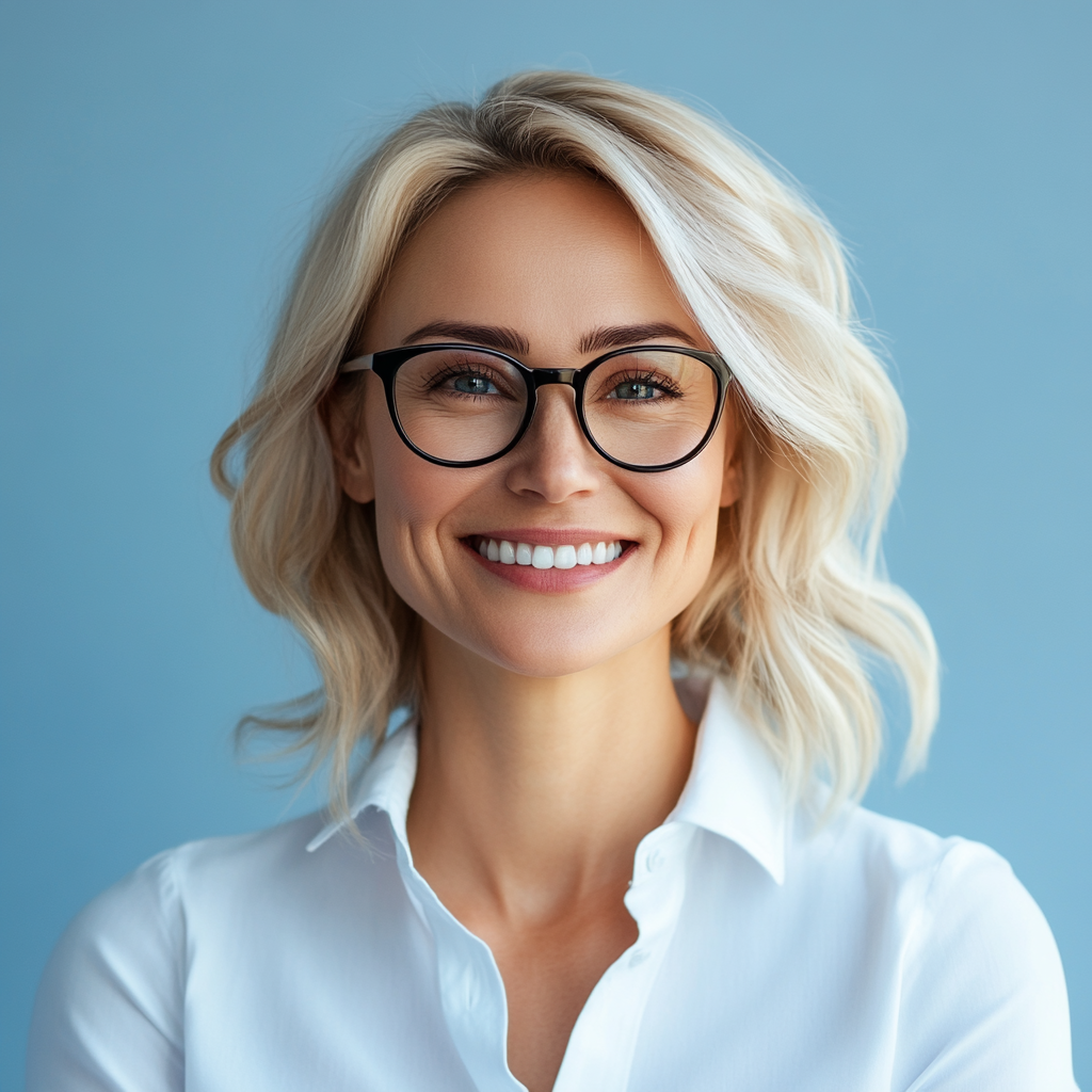 Happy 40-year-old blond business woman with glasses smiling.