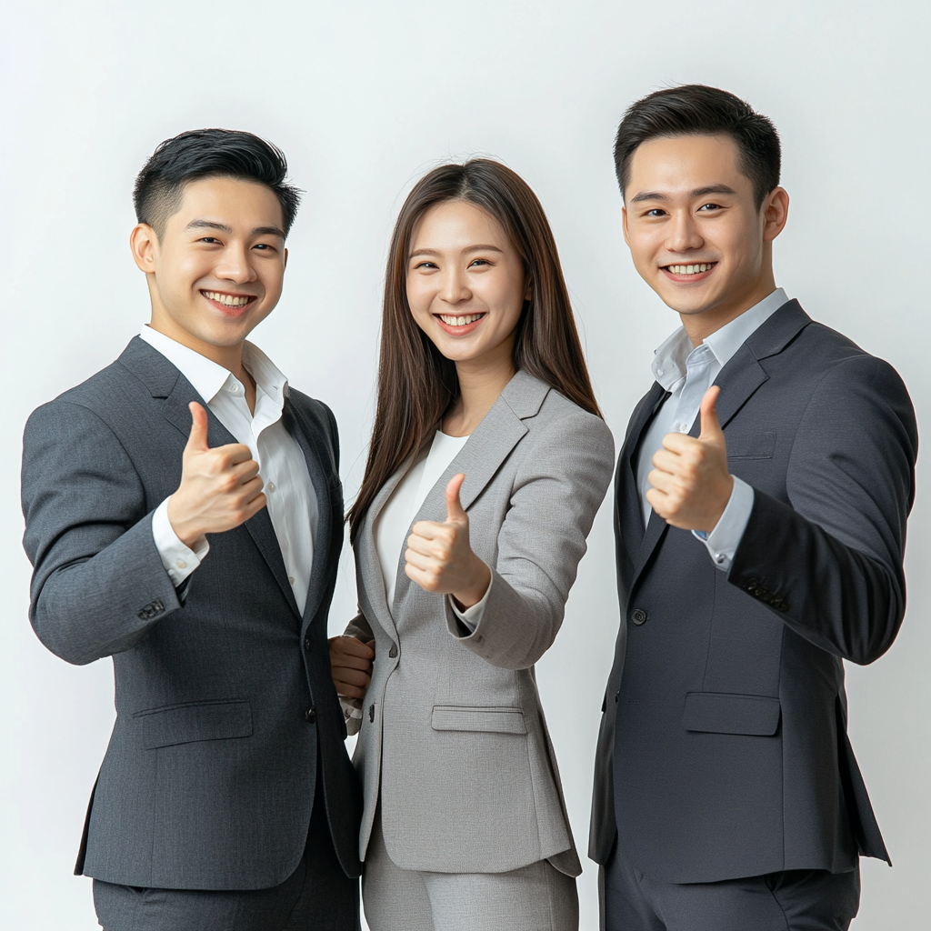 Happy Asian business trio smiling and giving thumbs up.