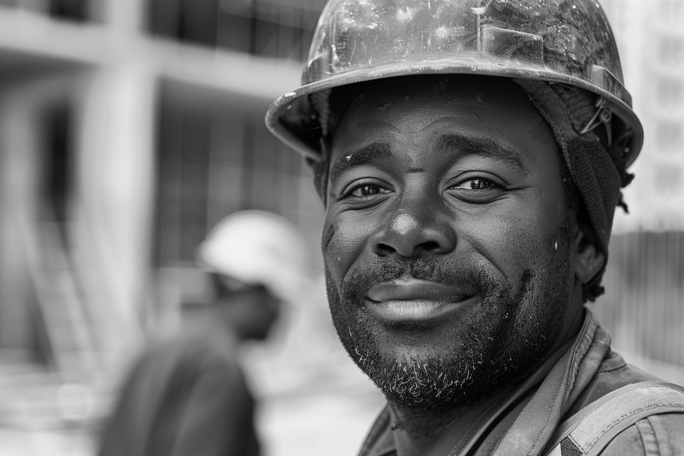 Happy construction worker smiling with colleagues in background.