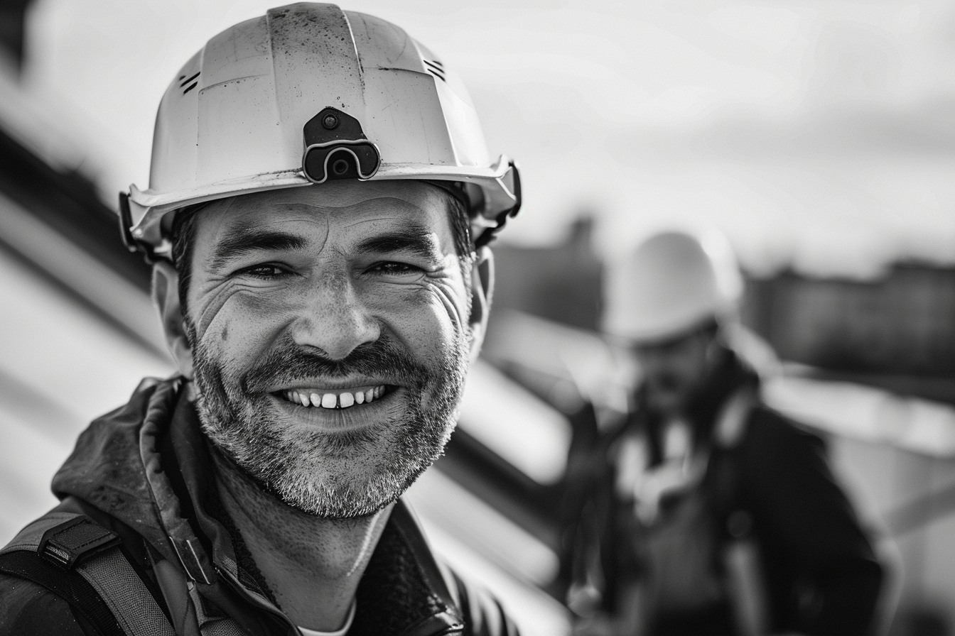 Happy construction worker with colleagues on rooftop PV installation.