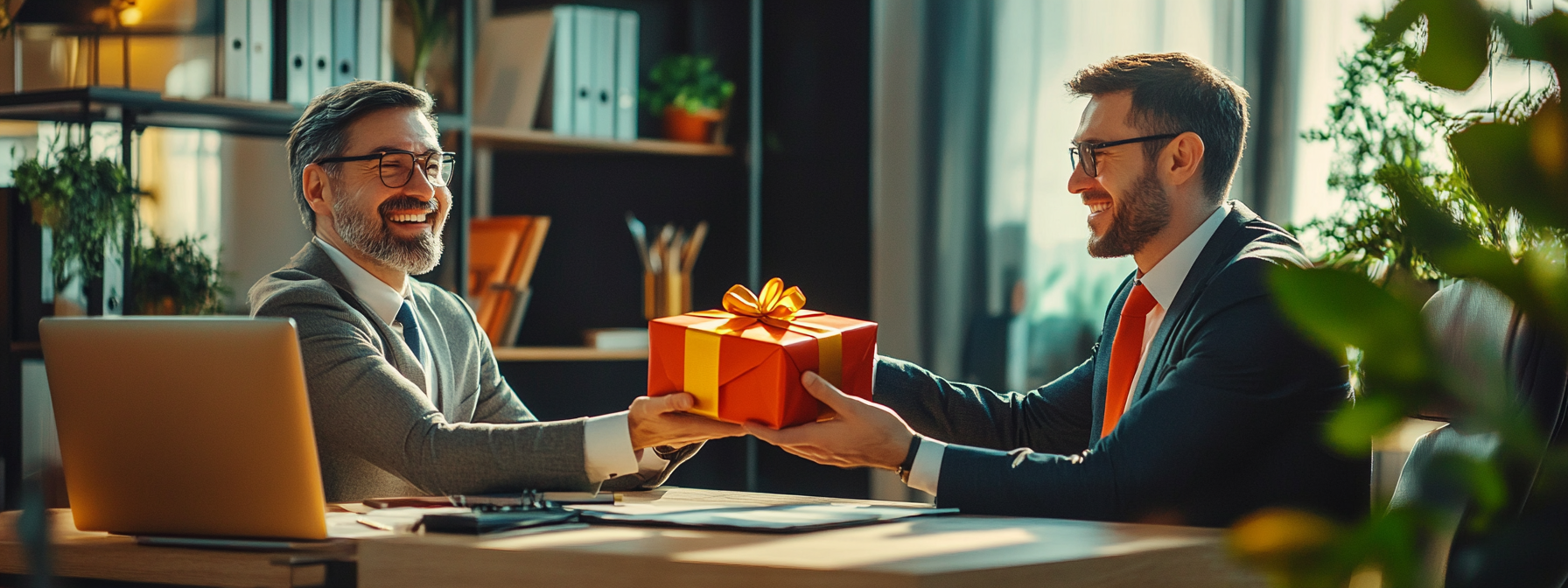 Happy male boss receiving gift from employee, both smiling.